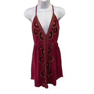 Free People Summer Short Dress Magenta Sequence Boho Flowy Yellow Gold Details